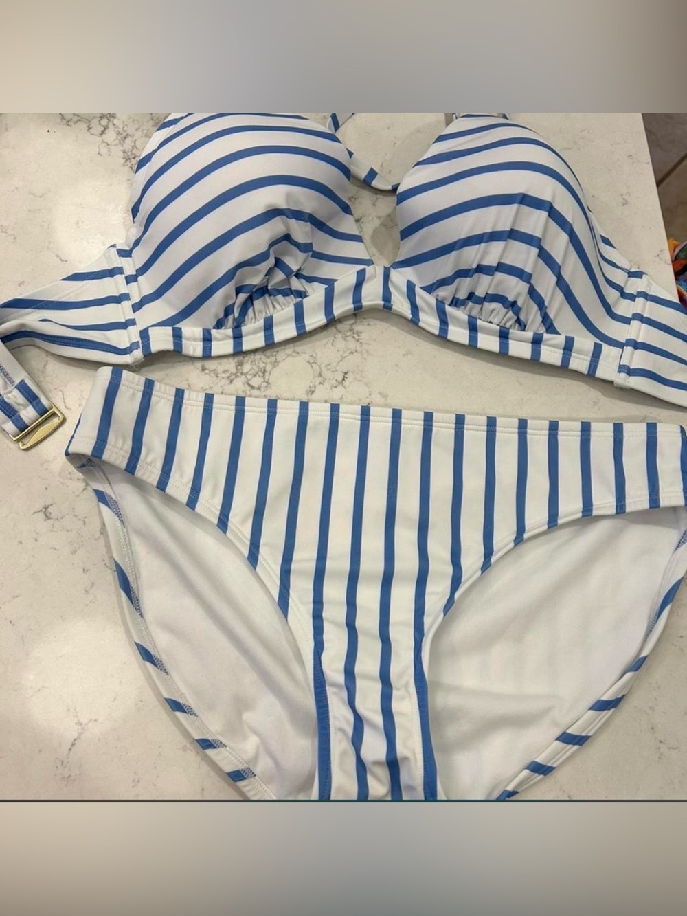Striped Blue & White Bikini Set 38D top and size large bottoms